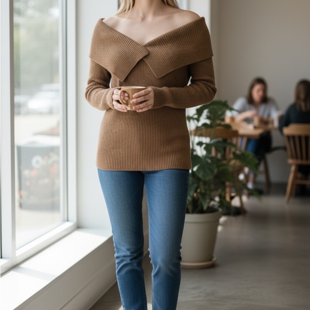 We The Free Off-the-Shoulder Brown Sweater - Picture 2 of 3